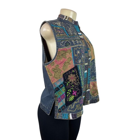 Chicos Womens Embroidered Denim Vest Multicolor Zip Front Sleeveless Sz 2 - Picture 2 of 6
